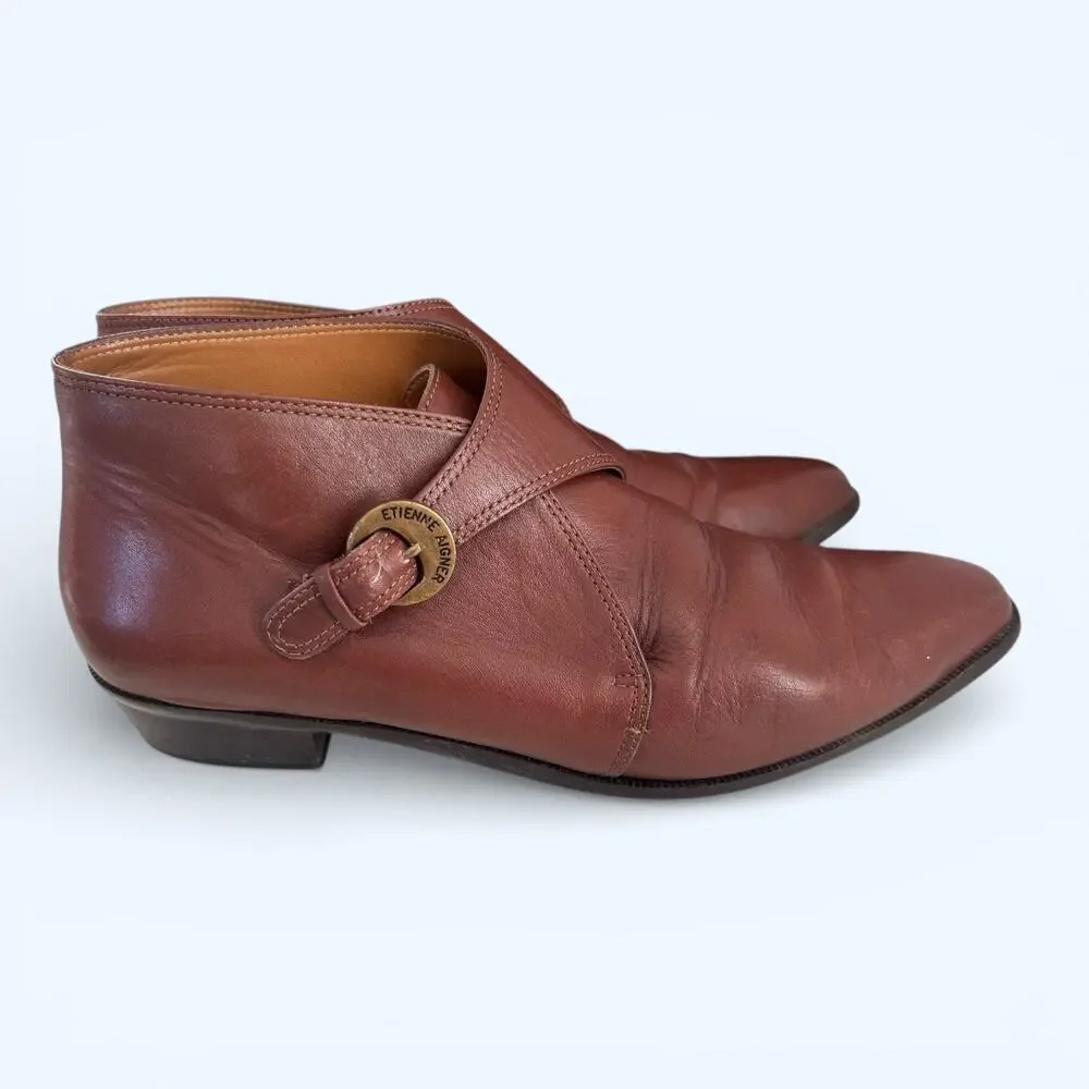 Vintage 80s Etienne Aigner Brown Leather Monk Strap Ankle Boots Women's 8 Wide
